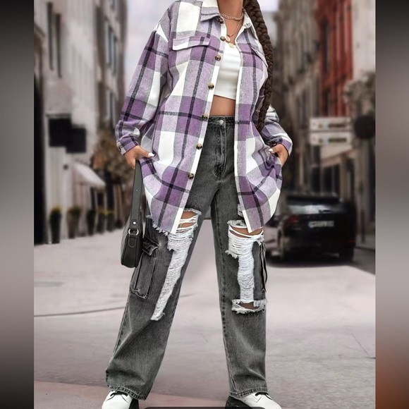 Purple Plaid Print Button Up Collared Shirt Jacket shaket - Picture 4 of 5